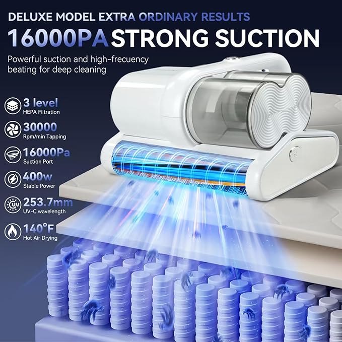Sonashi Mattress Vacuum Cleaner 16Kpa Bed Cleaner with 150 °F High-Temperature Cleaning HEPA Filter &amp Ultrasonic Lightweight Handheld Vacuum for Bed Sofa and Upholstery