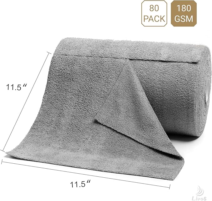 LIVOS Microfiber Cleaning Cloth Roll - 80 Pack Reusable Paper Towels Grey Tear Away Microfiber Towels for Cars Super Absorbent Lint Free Cleaning Rags for House Kitchen Window-11.5x11.5