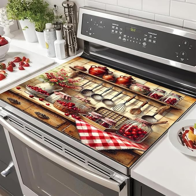 Stove Top Cover 28x20 Inch Diatomite Kitchen Mat Vintage Farmhouse Cherry Decor Heat Resistant Coffee Mat Dish Drying Mat Electric Stove Cover Cooktop Protector Counter Pad