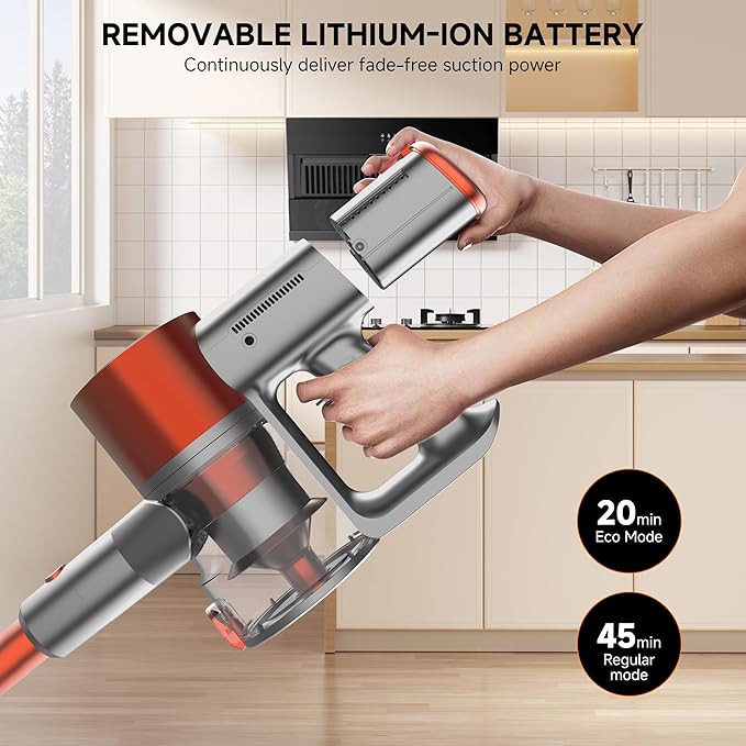 Stick Cordless Vacuum Cleaner - Lightweight Handheld Vacuum with Self Standing Removable Battery with 45min Running Time Anti-tangle Wireless Vacuum for Home Pet Hair/Hardwood Floor/Carpet OB