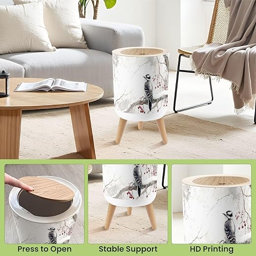Bathroom Trash Can with Lid Abstract Woodpecker Snowy Snow Covered Branch Red Berries Winter Trees Garbage Bin Waste Basket for Kitchen Office Bedroom Decoration Diaper Pail 1.8 Gallon