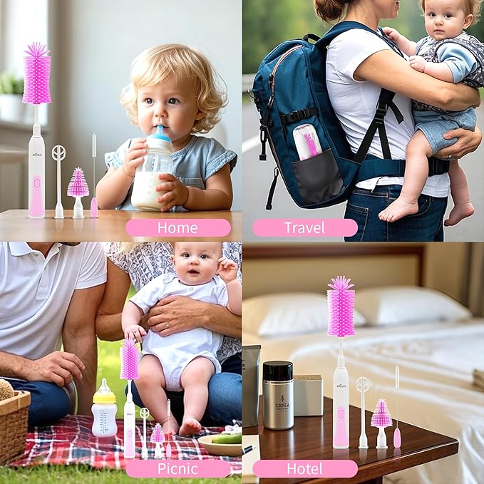 Electric Bottle Brush Cleaner Portable Electric Baby Bottle Brush Cleaner for Travel Rechargable Travel Bottle Cleaner Kit with Nipple &amp Straw Brush Perfect Mom Essentials After Birth Gift Pin