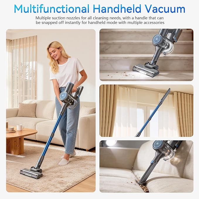 BlueEpic Cordless Vacuum Cleaner 45KPA 45Mins Rechargeable Vacuum Cordless Stick Vacuum with 2 Adjustable Modes Handheld Vacuum for Home/Pet Hair/Carpet/Floor