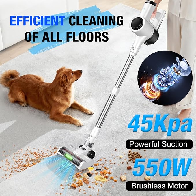 Cordless Vacuum Cleaner with LED Screen Stick Vacuum Cleaners for Home Lightweight Powerful Suction Vacuum 6-in-1 Rechargeable Vacuum for Carpets Pet Hair Hardwood Floors