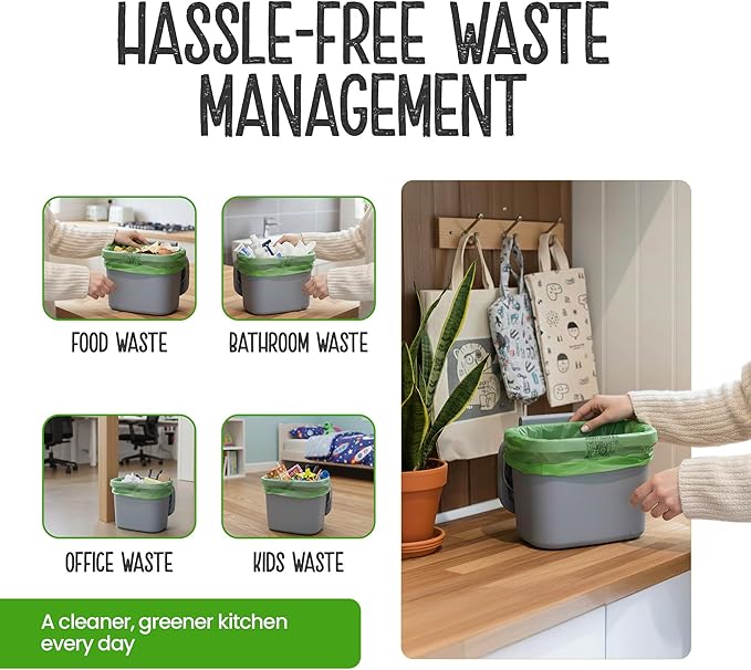 Eco Green Living 6 Litre Compostable Bin Liners – Plastic Free &amp Recyclable Caddy Bags for Food Waste Leak Resistant Small Bin Liners 36 x 66 cm - Quad Pack (120 Bags)