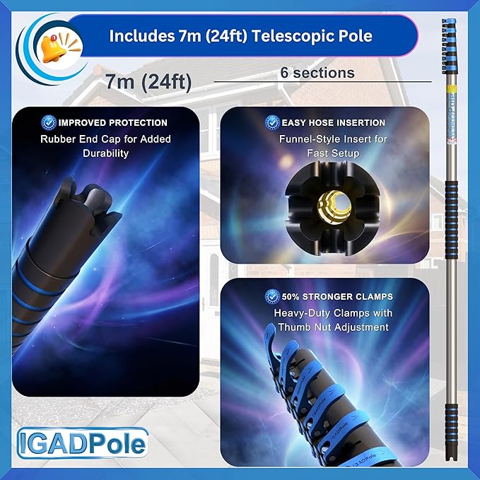 IGADPole 24 FT Washing Kit: Water-fed Brush with Soap Dispenser Cobweb Dusters with 6-Stage Telescoping Pole 5-24ft Pole/Window and Dusting Cleaning Kit