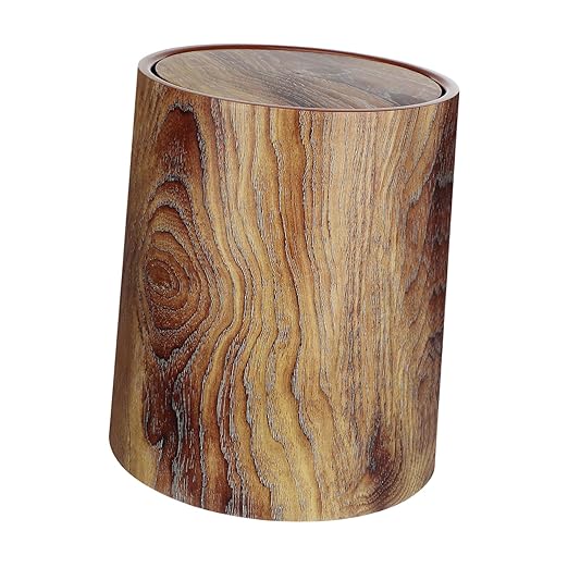 Zerodeko Imitation Wood Grain Trash Can with Swing Lid Multipurpose Round Wastebasket for Bathroom Kitchen Home Office Bedroom Large Capacity Easy to Clean Household Garbage Bin