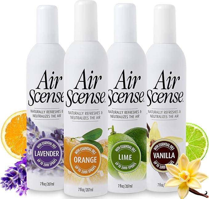 Air Scense Air Freshener Deodorizer Room Spray for Bathroom &amp Home Essential Oils Natural Variety (Orange Lavender Lime &amp Vanilla)- 7 fl oz (4-Pack)