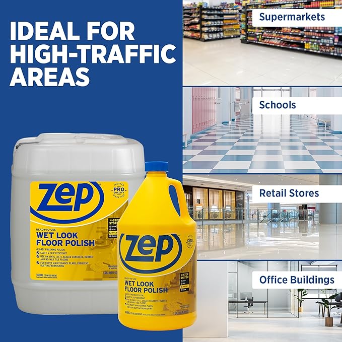 Zep Wet Look Floor Polish - 1 Gallon (Case of 2) ECZUWLFF1282 - Long Lasting Glossy Finishing Polish Scuff &amp Slip Resistant for Vinyl (VCT) Sealed Concrete Rubber and No-Wax Tile Floors