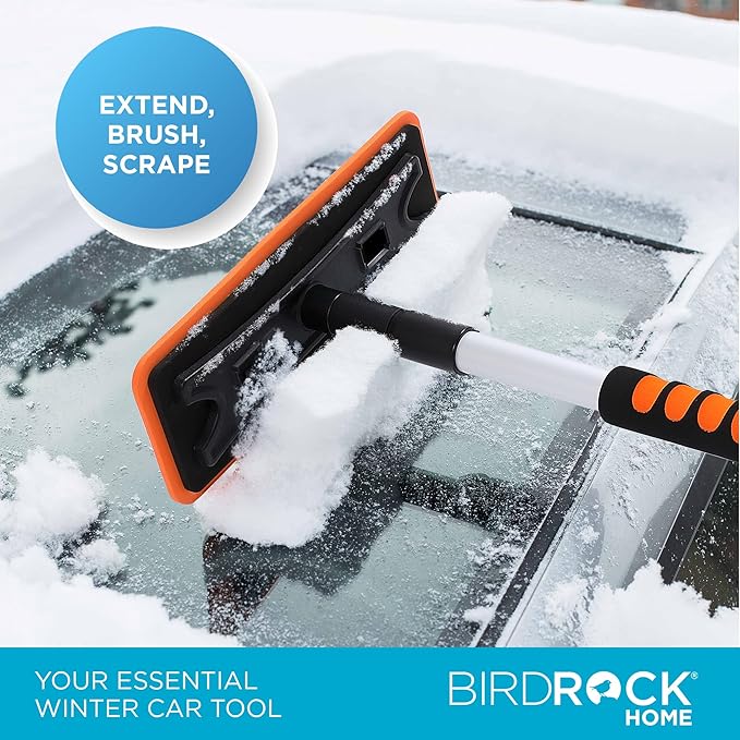 BIRDROCK HOME 36 Extendable Snow Pusher Brush &amp Detachable Ice Scraper for Cars | Aluminum Grip for Car Truck SUV | Safe on Auto Windshield &amp Windows | Wide Frost Remover for Semi &amp Sma