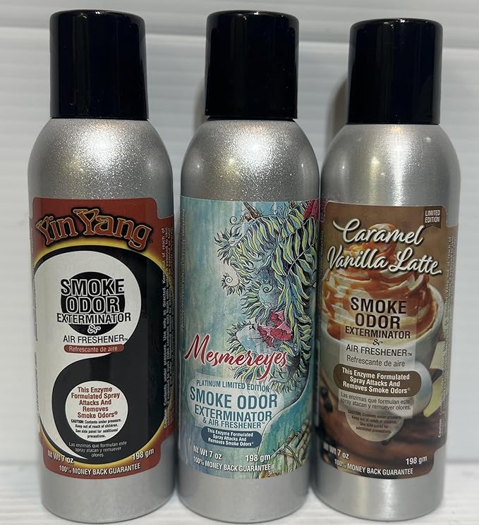 Smoke Odor Exterminator 7 oz Spray Set of 3 Spray Assoted Includes Yin YangCaramel Vanilla Latte and Mesmereyes.