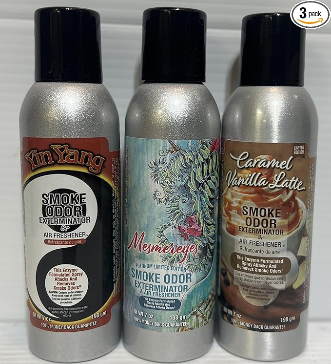 Smoke Odor Exterminator 7 oz Spray Set of 3 Spray Assoted Includes Yin YangCaramel Vanilla Latte and Mesmereyes.