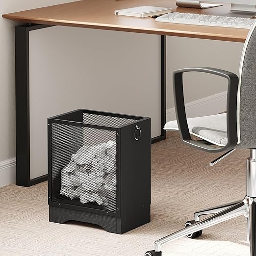 HOOBRO Industrial Trash Can 4.5 Gallon Metal Mesh Waste Basket with Wooden Base Small Garbage Can for Office Bedroom Under Desk Black BB06LJ01