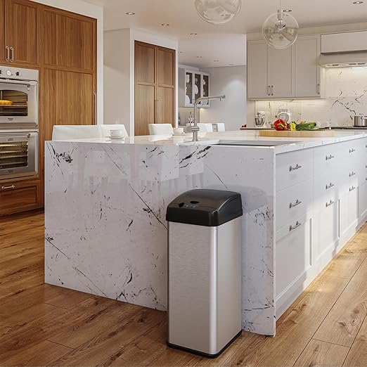 iTouchless 13 Gallon Sensor Kitchen Trash Can with Lid and Odor Filter Stainless Steel Trashcan Extra-Wide Lid Opening Slim Garbage Bin for Home Office Work Bedroom Living Room Garage Large Capacity
