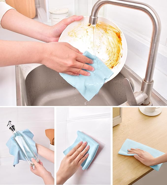 KitchLife Microfiber Cleaning Cloth Roll 100 Pack - Tear-Away Microfiber Paper Towels Lint-Free Reusable Washable for Kitchen Car Dishes and Sensitive Surfaces (Blue)