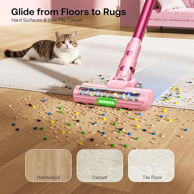 Trucozie Cordless Vacuum Cleaner Self-Standing Lightweight Stick Vacuum with 50 mins Runtime Powerful Suction Anti-Tangle Wireless Vacuum for Home Hardwood Floor Carpet Pet Hair Pink