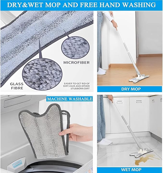 Microfiber Mop Easy Squeeze and Spin Mop Easy Squeeze Mop.lt is-Suitable forCleaning of Kitchen-Hardwood-Floors Marble Tiles Laminate-Floors. Includes 2Replacement mop-Pads-(Grey)