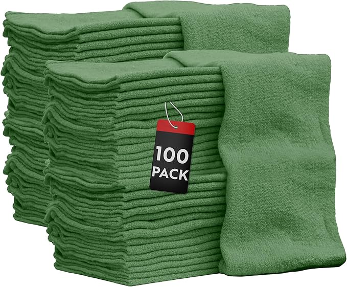 Nabob Wipers Auto Mechanic Shop Towels 100 Pack Bulk Rags 100% Cotton Commercial Grade Shop Rags Size 14x14 (100 Pack Green)