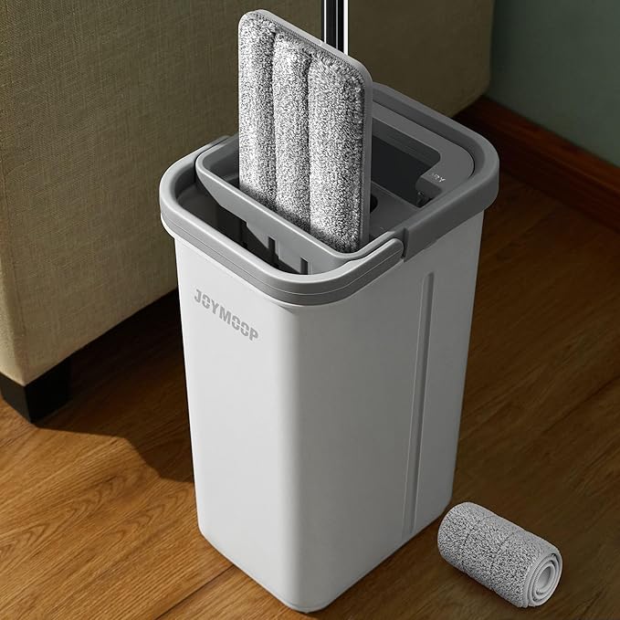 JOYMOOP Microfiber Flat Mop and Bucket System Mops for Floor Cleaning and Wall Cleaner Hardwood Tile Laminate Vinyl Floors Smooth Walls and Glass Windows - 50 Flat Mop+1 Microfiber Pad[White]