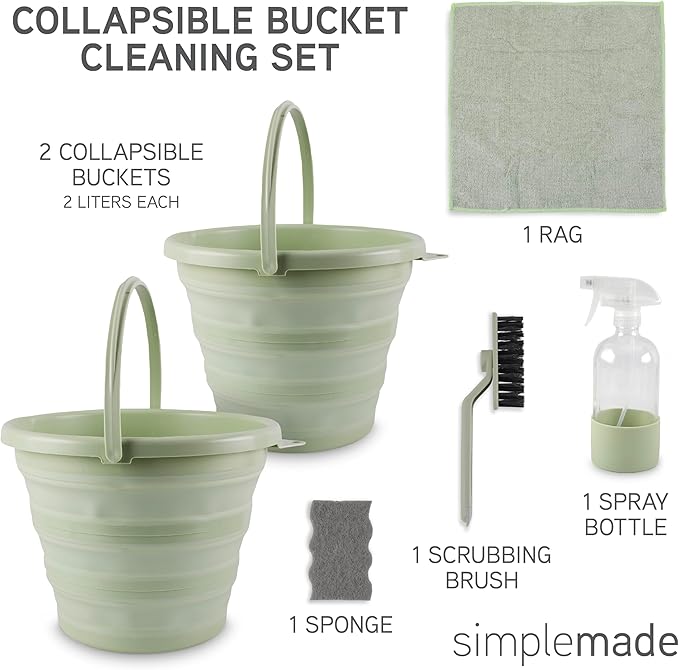SIMPLEMADE Collapsible Bucket Cleaning Set - Includes 2 Foldable Buckets Spray Bottle Rag Scrubbing Brush and Sponge - Holds Up to 10 liters Easy Storage All-Purpose Cleaning Solution