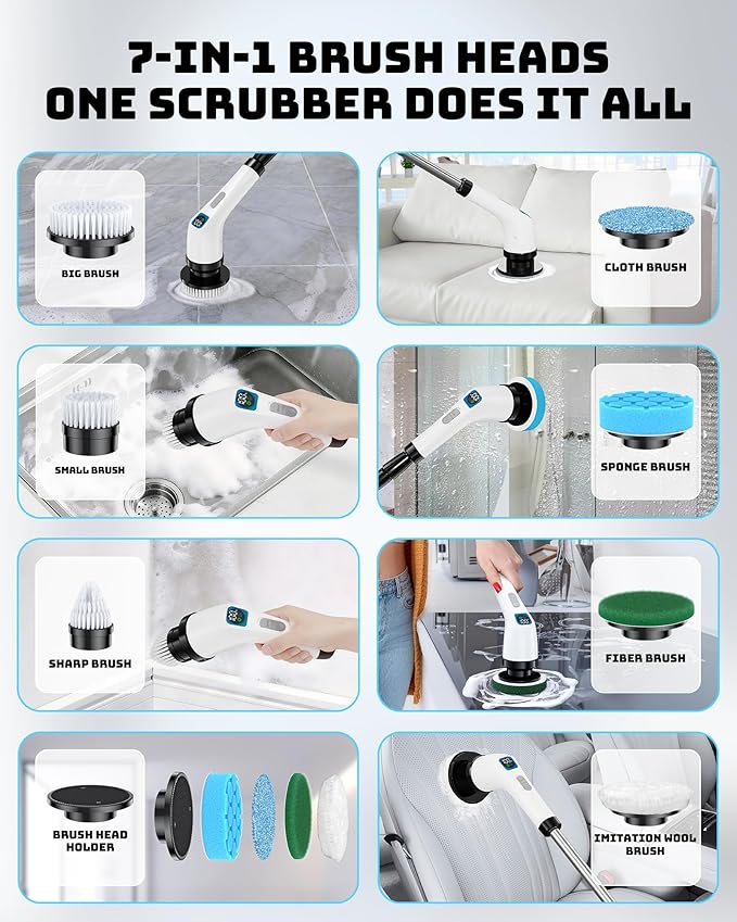 Electric Spin Scrubber IPX7 Shower Scrubber 7 Replaceable Brush Heads-90Mins Work Time 2-Speed Adjustable Bathroom Scrubber 3-Height Adjustable Handle Cordless Tub Scrubber for Bathtub Kitchen Glass