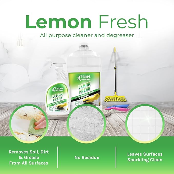 Hygea Natural Lemon Fresh All Purpose Cleaner - Chemical-Free - Removes Soil Dirt &amp Grease - Wet Gloss Finish - Biodegradable pH-Neutral &amp Ammonia Free (24oz Spray &amp 128oz Concentrated G