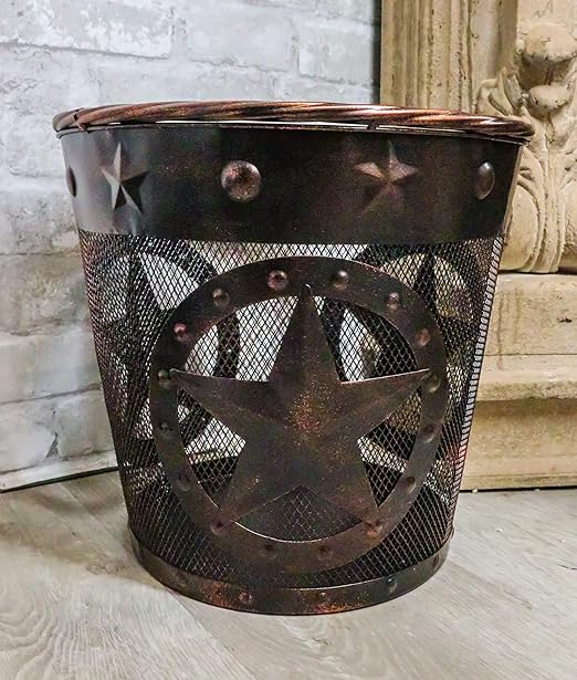 Ebros Rustic Western Texas Lone Stars in Circles of Nailheads with Braided Metal Rope Trim Wire Waste Basket Bin 12.75 Wide Home and Bathroom Accent Country Farmhouse Cowboy Decorative Trash Can