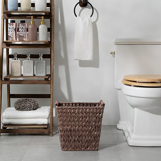 GRANNY SAYS Woven Trash Basket Brown Wastepaper Basket with Handles Wicker Bathroom Trash Can for Dorm Laundry Room 1-Pack 13 x 7 ½ x 12 ½