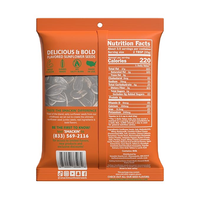 SMACKIN' - Jumbo Roasted Sunflower Seeds No Salty Burn American Made Easy Pour &amp Seal - Cheddar Jalapeño 4oz bag (12 Bags)