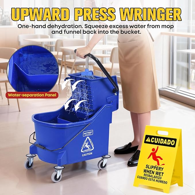 Matthew Cleaning Blue 44Quart Commercial Mop Bucket INCL.Wet String Mop&amp 19'' Industrial Wet Floor Sign with Side Press Wringer On WheelsTandem Portable Floor Cleaning WavebrakeIdeal for Househo