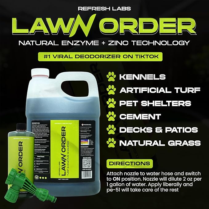 LawN Order Artificial Turf Cleaner &amp Odor Eliminator – Enzyme Powered Pet &amp Kid Safe Removes Pet Mess Smells (1 GAL + 32 OZ + Hose)
