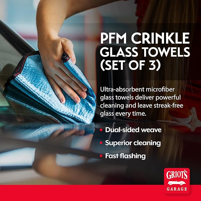 Griot's Garage PFM Crinkle Glass Towels for Car Detailing Streak-Free Cleaning for Windows Windshield Mirrors and More 16 x 16 55583 Set of 3