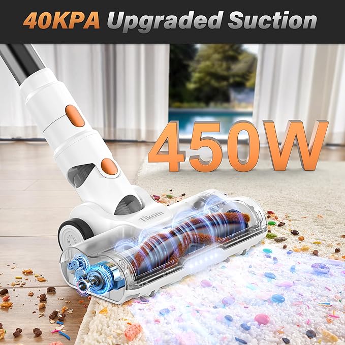 Tikom V500 Cordless Vacuum Cleaner for Home 40000Pa/450W Stick Vacuum with LED Touch Screen Charging Wall Dock Anti-Tangle Lightweight Handheld Vacuum for Pet Hair Hard Floor Carpet