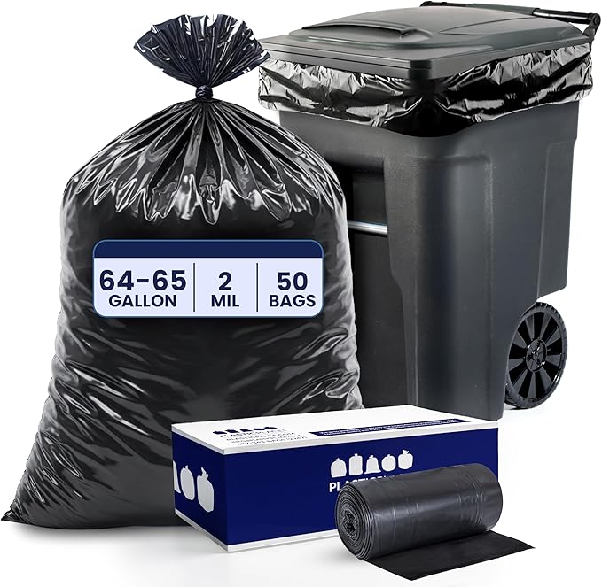 Plasticplace 64-65 Gallon Trash Can Liners for Toter │ 2.0 Mil │ Black Heavy Duty Garbage Bags │ 50” x 60” (50 Count)