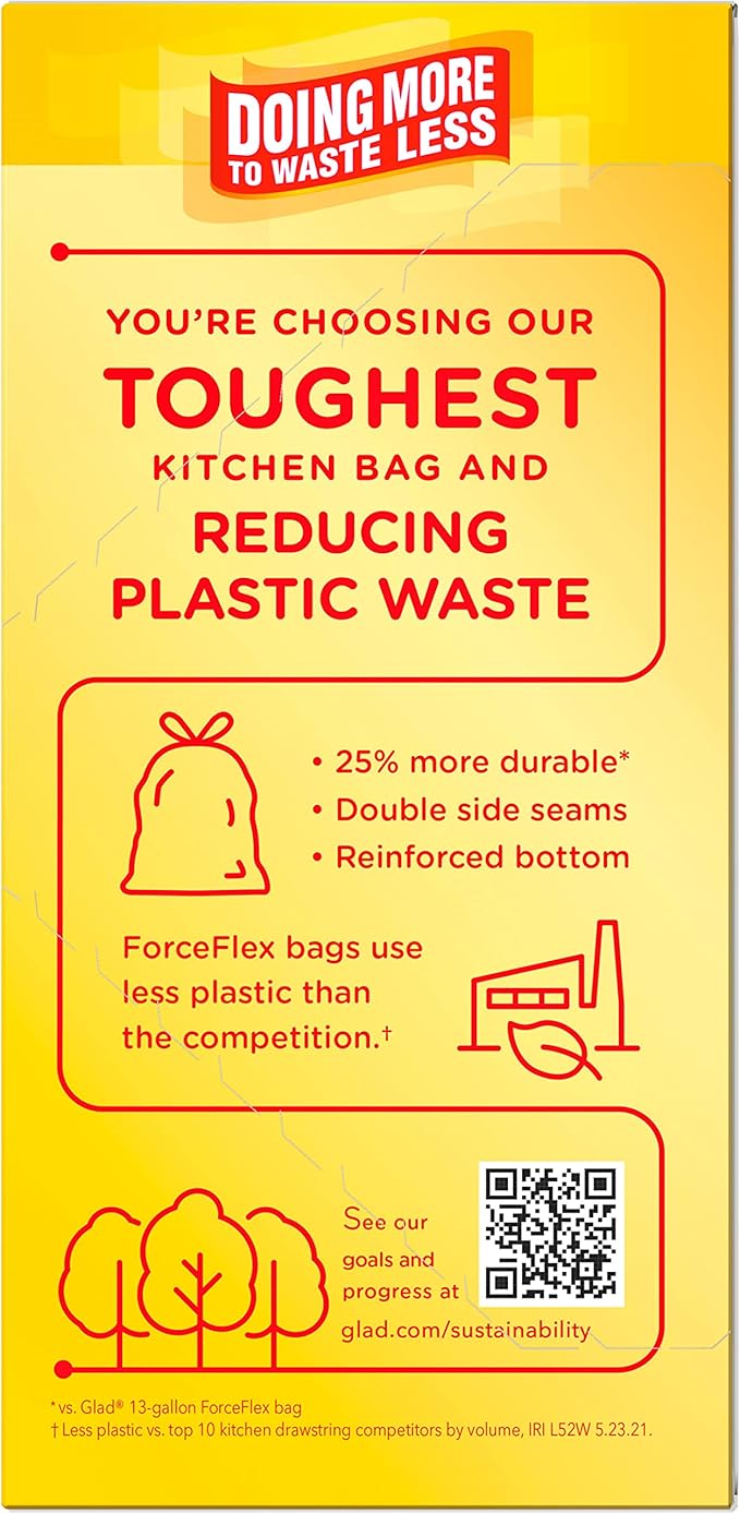 Glad ForceFlex MaxStrength Tall Kitchen Drawstring Trash Bags 13 Gallon Fresh Clean Scent with Febreze Freshness 34 Count