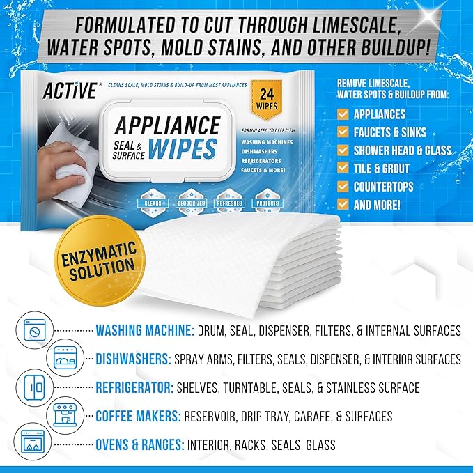 ACTIVE Dishwasher Cleaner and Appliance Cleaner Wipes - Includes 24ct Disposal Cleaning Tablets and 24pk Appliance Surface Wipes