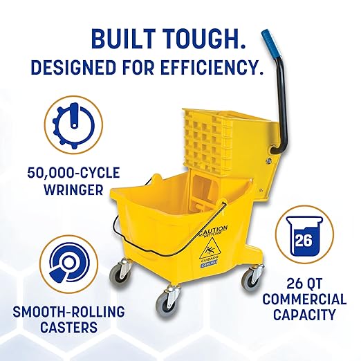Carlisle FoodService Products 26-Quart Commercial Mop Bucket with Side-Press Wringer Precision-Molded Polypropylene Durable Wringer Bucket with Non-Marking Casters 18.5 x 16.5 x 23 Inches Yellow