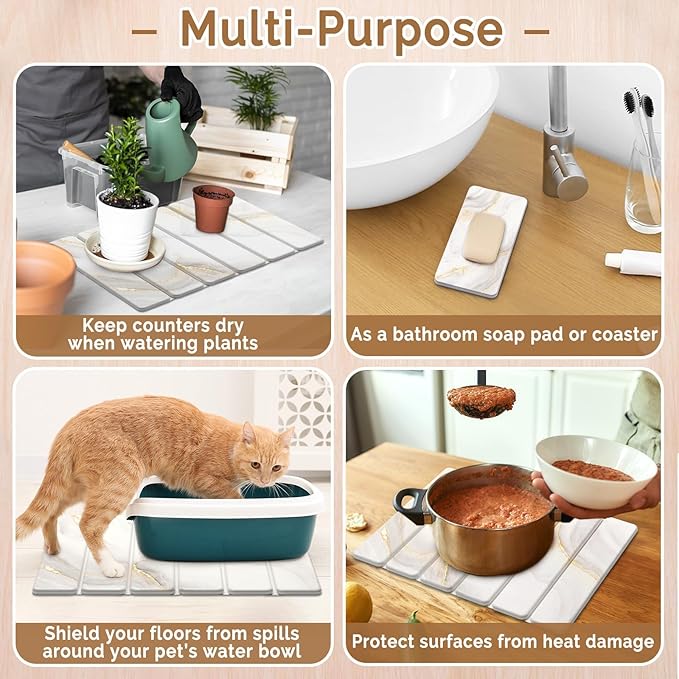 Small Stone Dish Drying Mat for Kitchen Counter 15.7×12 &amp 8x4 Quick Dry Stone Mats Foldable Water Absorbing Diatomaceous Earth Drying Dish Pad for Countertop Bottles Utensils Cup(Gold White)