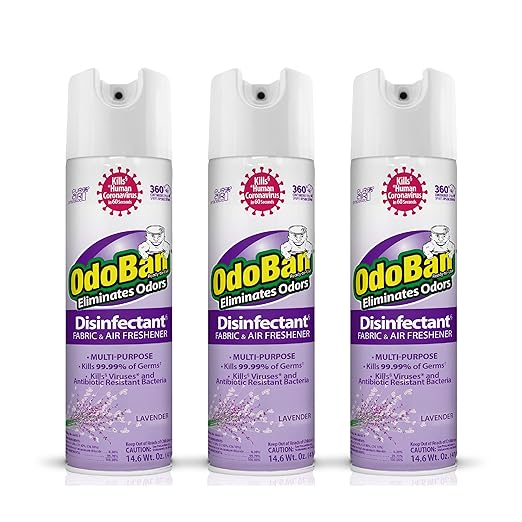 OdoBan Ready-to-Use 360-Degree Continuous Spray Disinfectant and Harsh Aroma Eliminator Fabric and Air Freshener 3 Pack 14.6 Ounces Each Lavender Scent