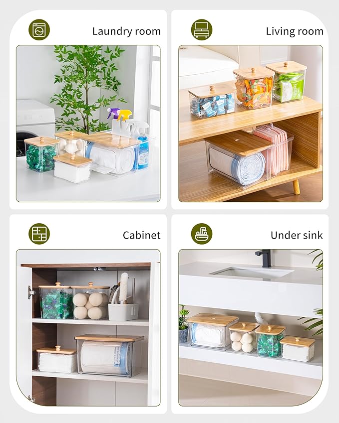 Trash Bag Dispenser Dishwasher Pod Holder - 5 in 1 Plastic Garbage Bag Under Sink Organizer Acrylic Dryer Sheet Balls Laundry Pods Container with Bamboo Lid Pantry Organizers and Storage Box