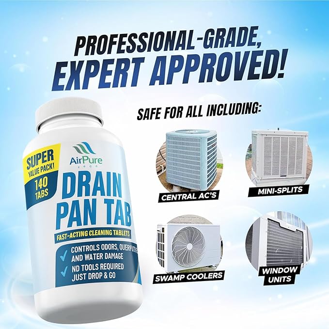 Air Pure Drain Pan Tabs - 140 Flow Treatment Tablets for HVAC &amp AC Condensate Pan Treatment | Prevents Overflow Cleans Drain Lines &amp Eliminates Odors