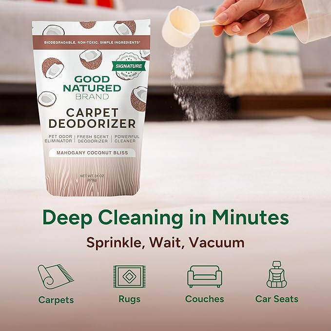 Good Natured Brand | Carpet Deodorizer &amp Freshener Powder | 31 oz Pet Odor Eliminator for Strong Odor &amp Pet Urine | Fresh Natural Mahogany Coconut Bliss Scent | Safe for Homes with Pets