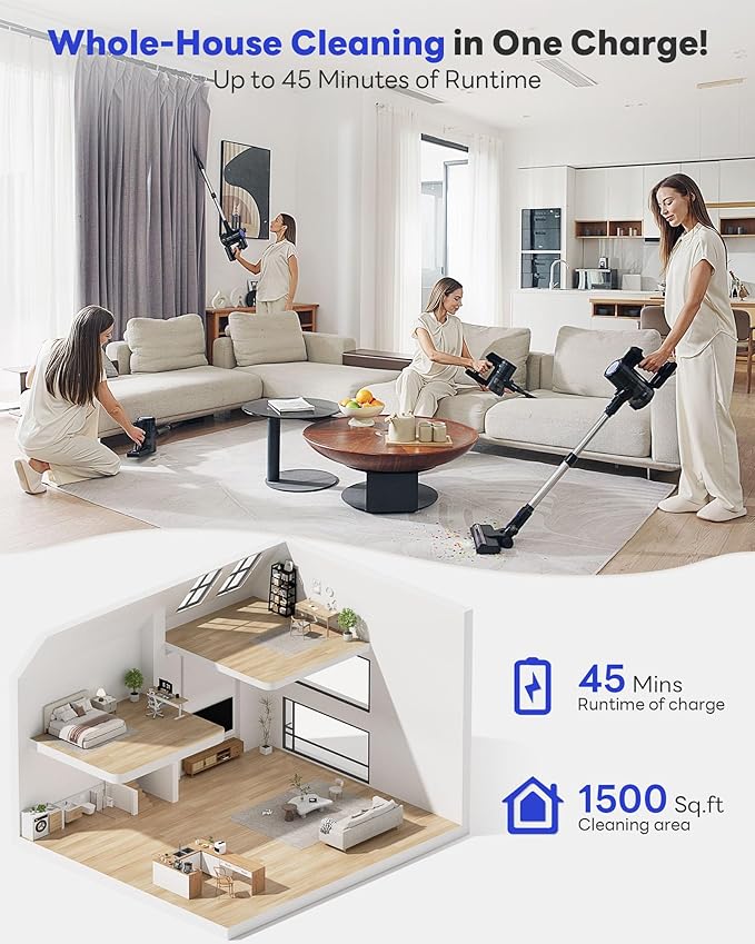 Cordless Vacuum Cleaner 45KPA Stick Vacuum Cleaners for Home with Up to 45 Mins Runtime 6-in-1 Rechargeable Lightweight Vacuum with Powerful Suction for Carpets Pet Hair Hardwood Floors
