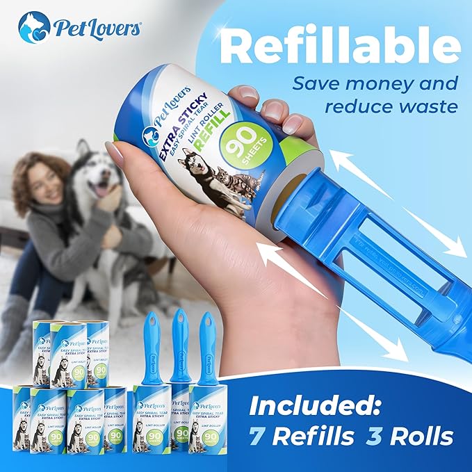 PetLovers Extra Sticky Lint Roller Mega Value Set 900 Sheets for Pet Hair Removal and Clothes Dog and Cat Lint Remover 10 Pack