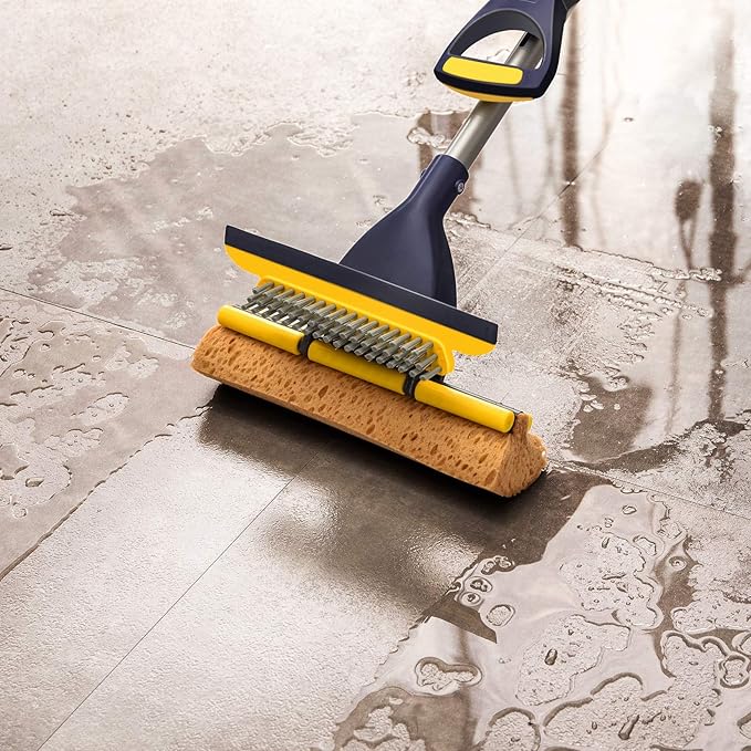 Yocada Sponge Mop Home Commercial Use Tile Floor Bathroom Garage Cleaning with Squeegee and Extendable Telescopic Long Handle 42-52 Inches Easily Dry Wringing
