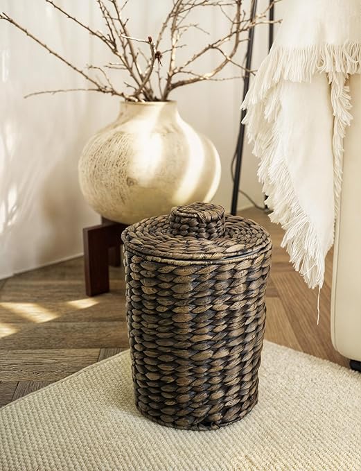 2 Gallons Wicker Waste Basket - Water Hyacinth Bathroom Trash Can - Garbage Can with Lid Boho Style - Wicker Trash Can with Lid for Bedroom Kitchen - Removable Liner Handwoven (Black Color)
