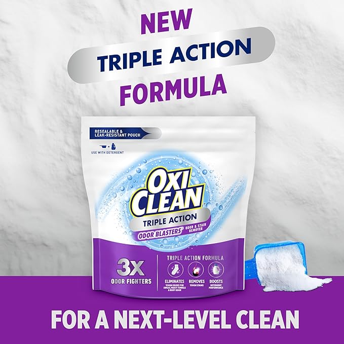 OxiClean Triple Action Odor Blasters Odor and Stain Remover Powder Use with Detergent Eliminates Tough Odors and Removes Stains Color Safe and Chlorine Free 6.5 lbs