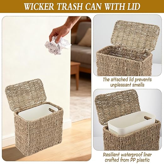 Wicker Trash Can with Lid and Liner Bathroom Trash Can with Lid Natural Water Hyacinth Wicker Waste Basket Boho Rattan Garbage Wastebasket for Bedroom Living Room Office Kitchen
