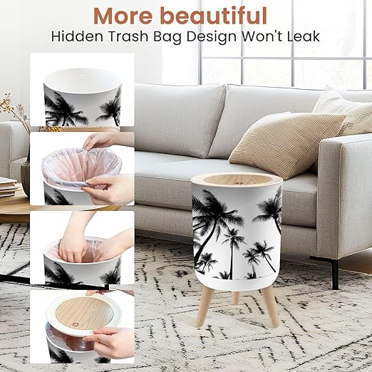 Bathroom Trash Can with Lid Black White Photo Palm Trees Garbage Bin Waste Basket for Kitchen Office Bedroom Decoration Diaper Pail 1.8 Gallon