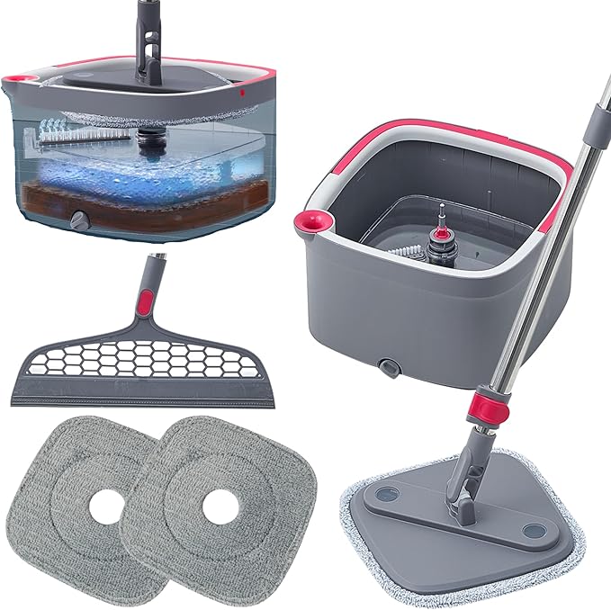 Heavy Duty Square Spin Mop for Floor Cleaning Separate Compartment for Clean and Dirty Water Use Any Cleaning Solution Self Cleaning Machine Washable Pads